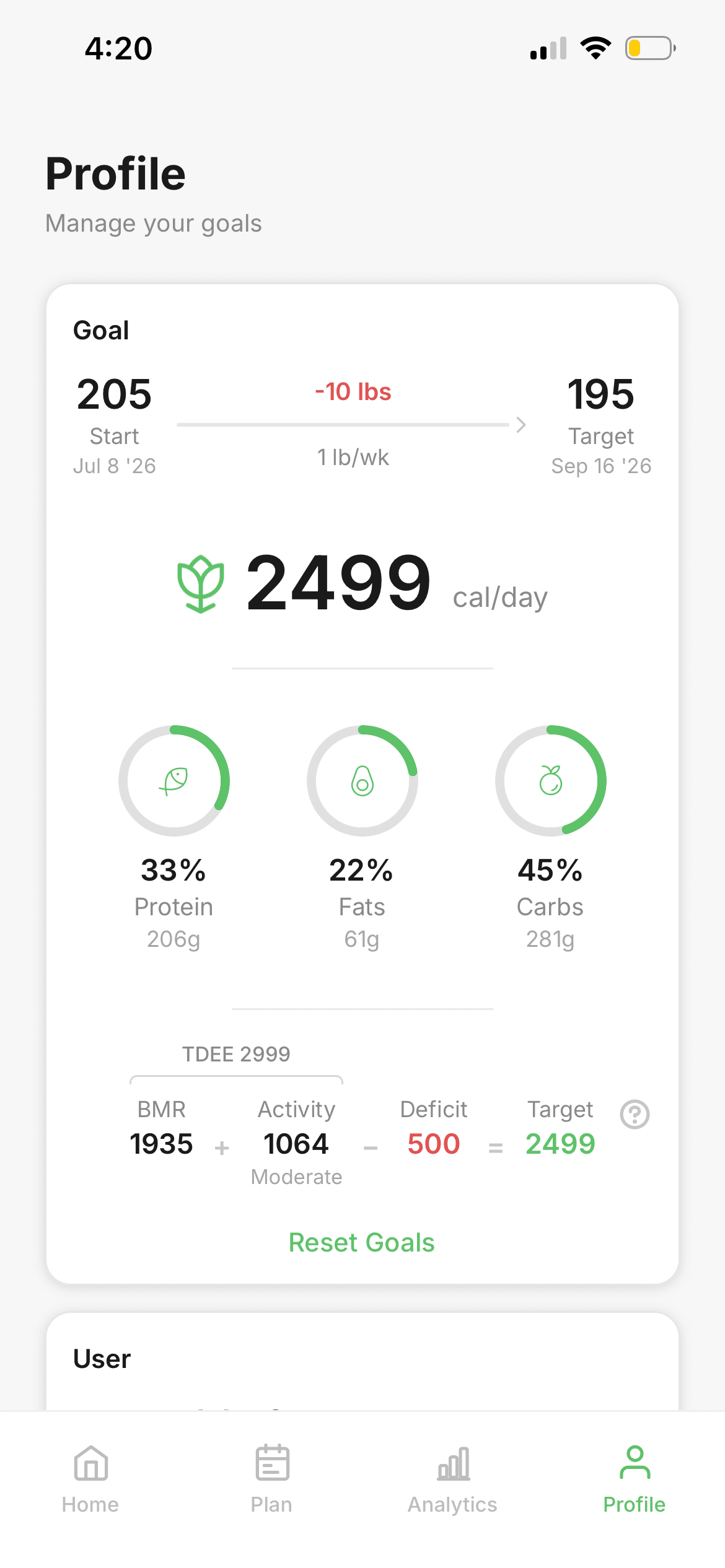 Intake goal breakdown showing BMR plus activity minus deficit equals the daily target
