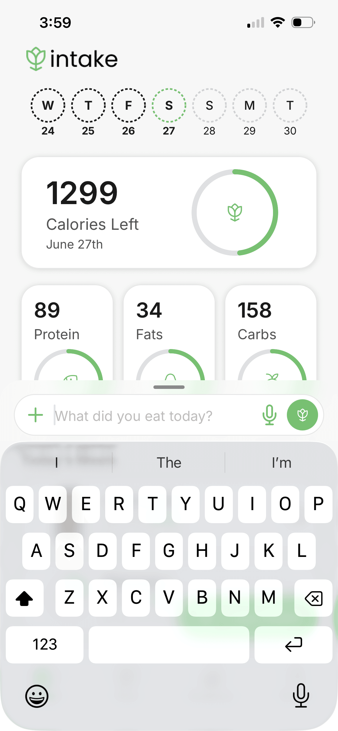 Intake app typing a meal into the “What did you eat today?” entry field